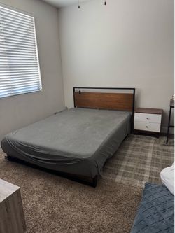 Queen size mid century modern bed frame and mattress