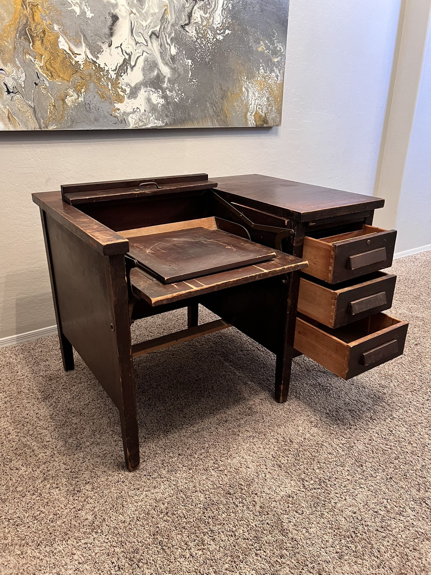 Vintage Solid Wood Hidden Typewriter Desk With 3 Dovetail Storage Drawers And  Writing Board