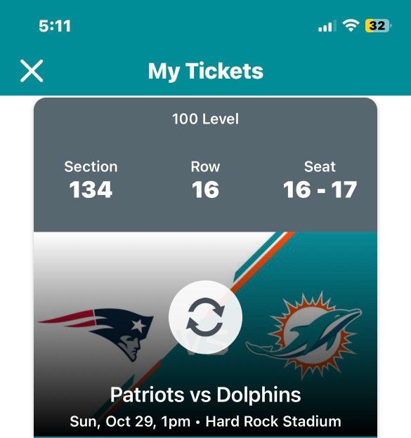 Miami Dolphins Vs NE Patriots with Parking Pass