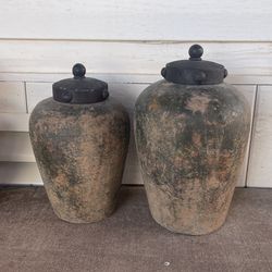 Two Ceramic Jars with Metal Lid