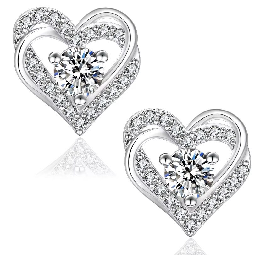Moissanite Heart Stud VVS Diamond 925 Sterling Silver 14K White Gold Love Earrings
