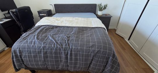 Queen Bed Frame with Tufted Upholstered Headboard, mattress and 2 nighstands