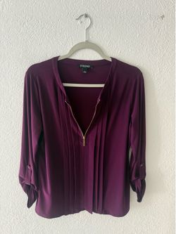 Roz & Ali Women’s Dark Purple Pleated Blouse L Gold Zipper Long Sleeve Like New