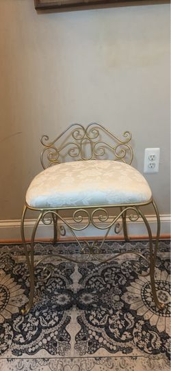 Gold Scrollwork Vanity Stool with Upholstered Seat