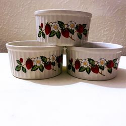 3-Sheffield 'Strawberries 'n Cream' Stoneware Ramekins - Japan