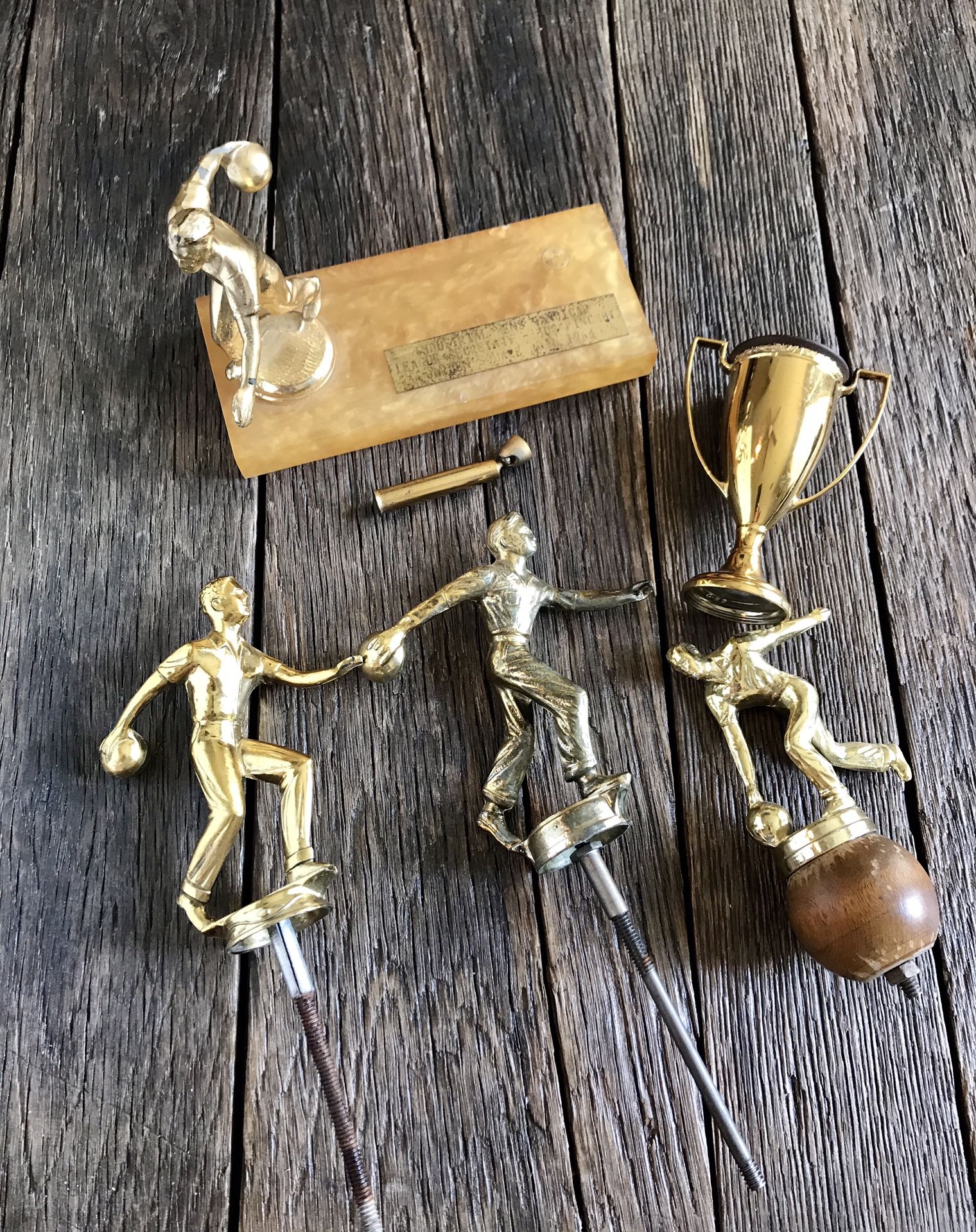 Vintage Metal Bowling Trophy Toppers - 5 Gold Tone Metal Bowling Trophy Toppers