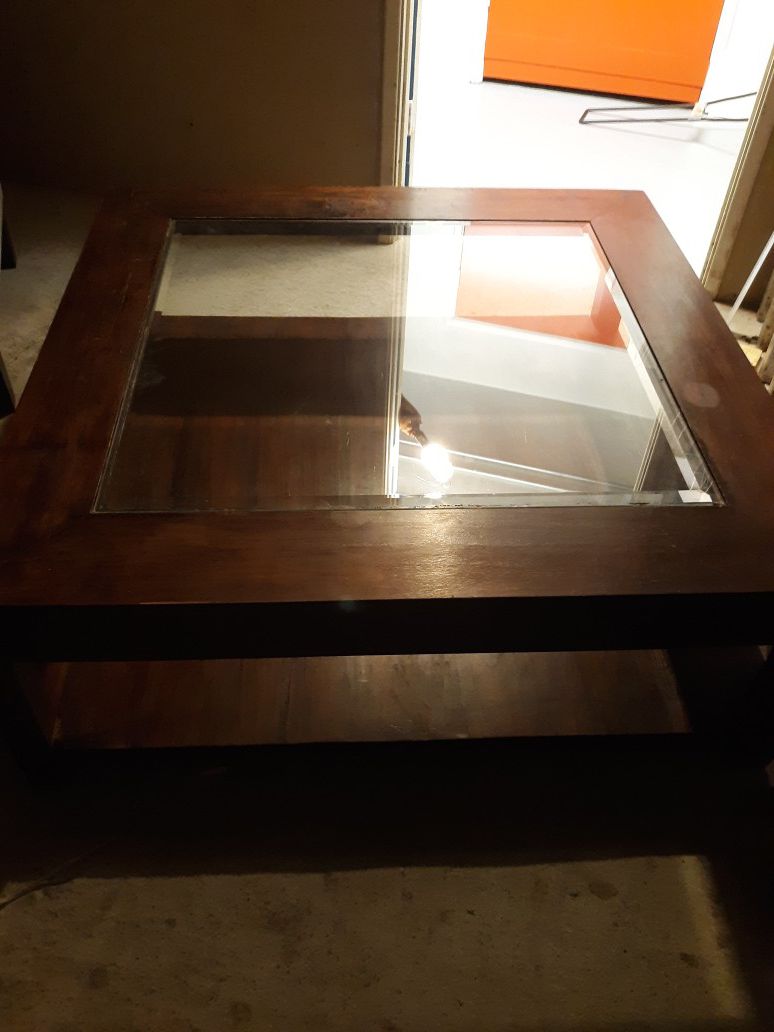 Large square wood and glass coffee table