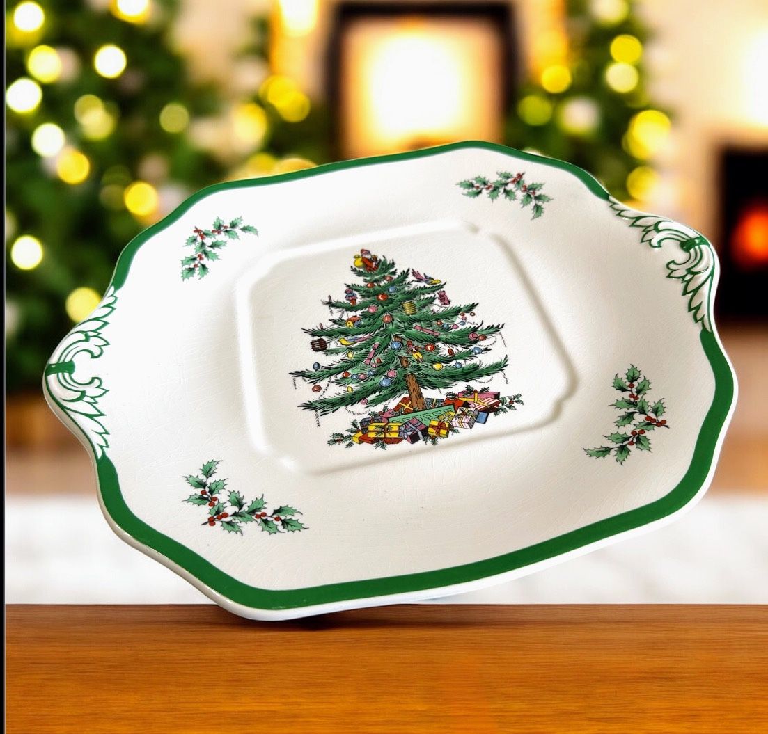 Vintage Spode Christmas Tree Square Handled Plate Holiday Serveware - England