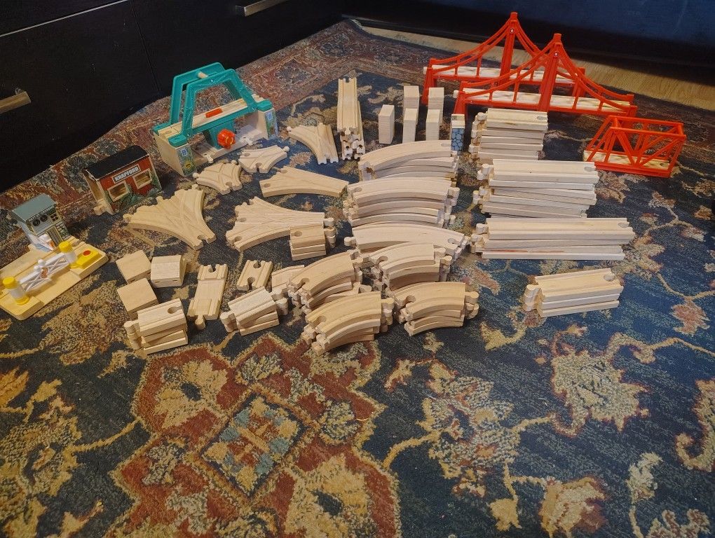 Wood Train Tracks, Bridge And Accessories