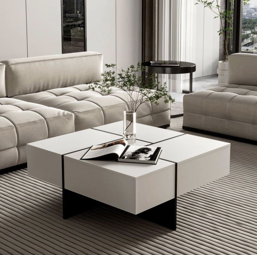 Furnnylane Modern Coffee Table with 4 Drawers,Square Coffee Table with Storage for Living Room,Oak,31.5" D x 31.5" W x 13.8" H