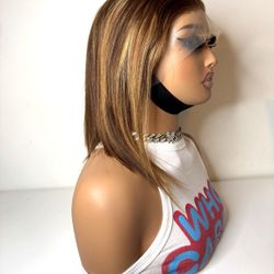 Short Straight Lace Front Wig – Highlight Brown – 100% Human Hair