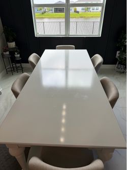 Large white solid wood dining table 94 1/2”