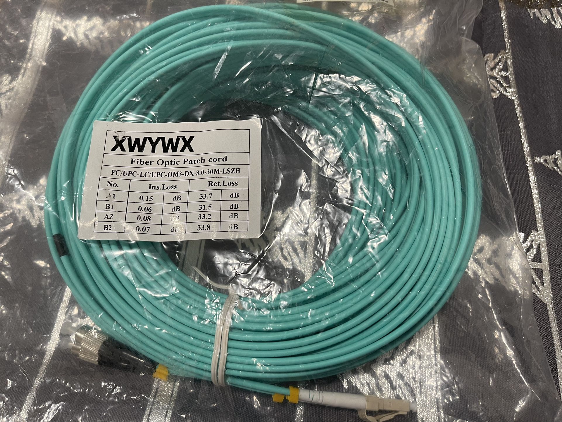 98FT LC/UPC to FC/UPC MM OM3 DX LSZH 3.0mm Indoor Fiber Optic Patch Cord