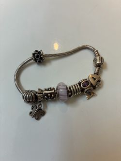 Authentic Pandora Sterling Silver Charm Bracelet – Purple Murano Glass & Key/Lock Set