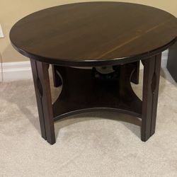 2 Round Wood End Tables with Shelf
