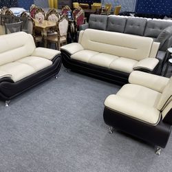 New In The Box 📦 Beige And Brown Leather Living Room Sofa Set 3pc - Delivery Available 