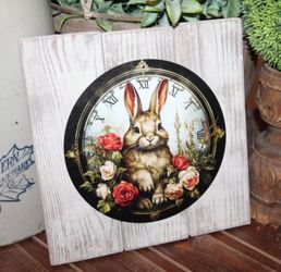 NEW! Shabby French Country Cottage Bunny Rabbit Roses Clock Face Wall Decor Plaque
