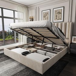 Like New King Upholstered Lift-Up Storage Bed + Mattress, Houston Pickup