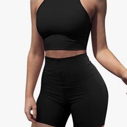 Women's Sexy 2 Pieces Outfit Halter Crop Top Bodycon Shorts Set (Royal Blue-Small)