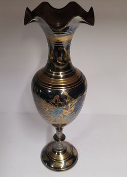 Beautiful Vintage Etched Solid Brass and Black Enamel  Floral Vase