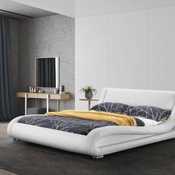 Brand New Sealed In Box White Cal King Contemporary Upholstered Platform Bedframe (Mattress not included)