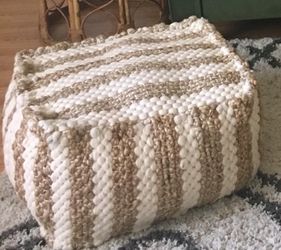 Tuvalu Home Woven Pouf Ottoman, Cream & Tan Striped Boho Floor Cushion