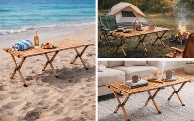 Portable Camping Table with Carry Bag, Wood Outdoor Table for Picnic, Camping, Travel, Party, Beach