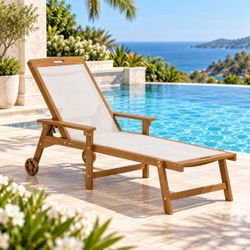 Outdoor Patio Chaise Lounge Chair – 5-Position Adjustable Recliner w/ Wheels – Brown & Beige