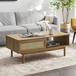 Haylee Modern Boho Rectangle Farmhouse Coffee Table with Adjustable Natural Rattan Wicker Sliding Door, Solid Wood Leg, & Dual Storage Shelf for Livin