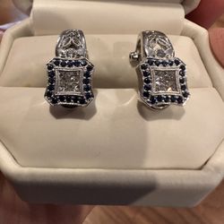 18k Pure White Gold Earrings With Sapphires And Diamonds 8.19 Grams 
