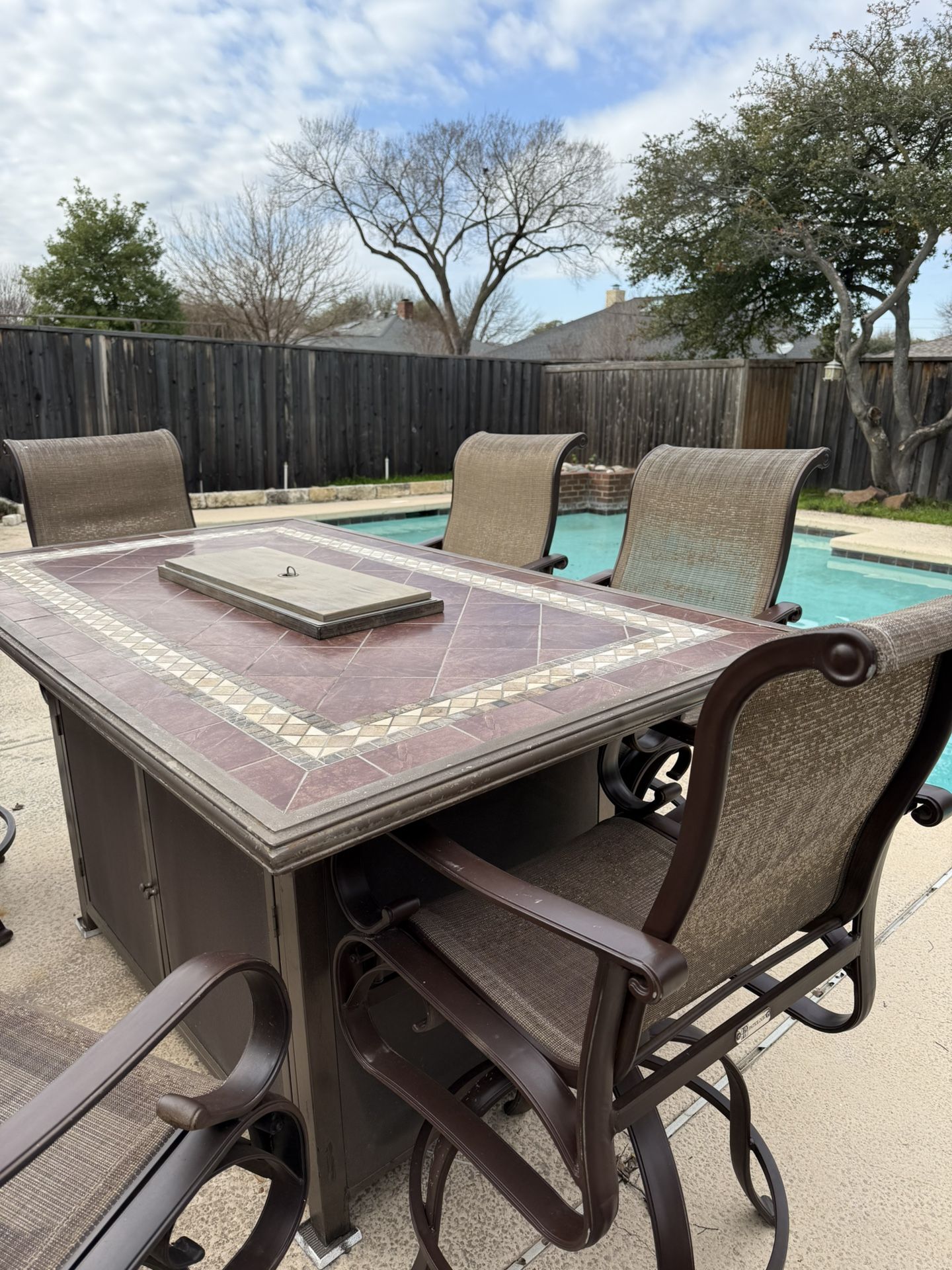 Bar Height Tile Top Fire Pit Outdoor Table w/Chairs