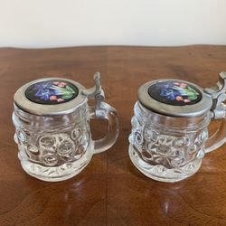 Original pair of BMF-Schnapskrugerl miniature beer glass steins with pewter tops