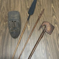 Vintage Hand Carved Tiki Mask, Spears, & Hatchet Art Deco