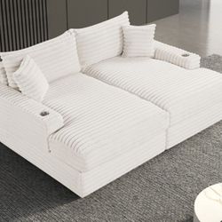 Brand New White Super Plush Chenille Double Chaise Sofa 