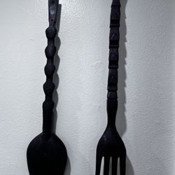 Oversized Antique -Carved Wooden Spoon & Folk - 38” Wall Decor (set Of 2)