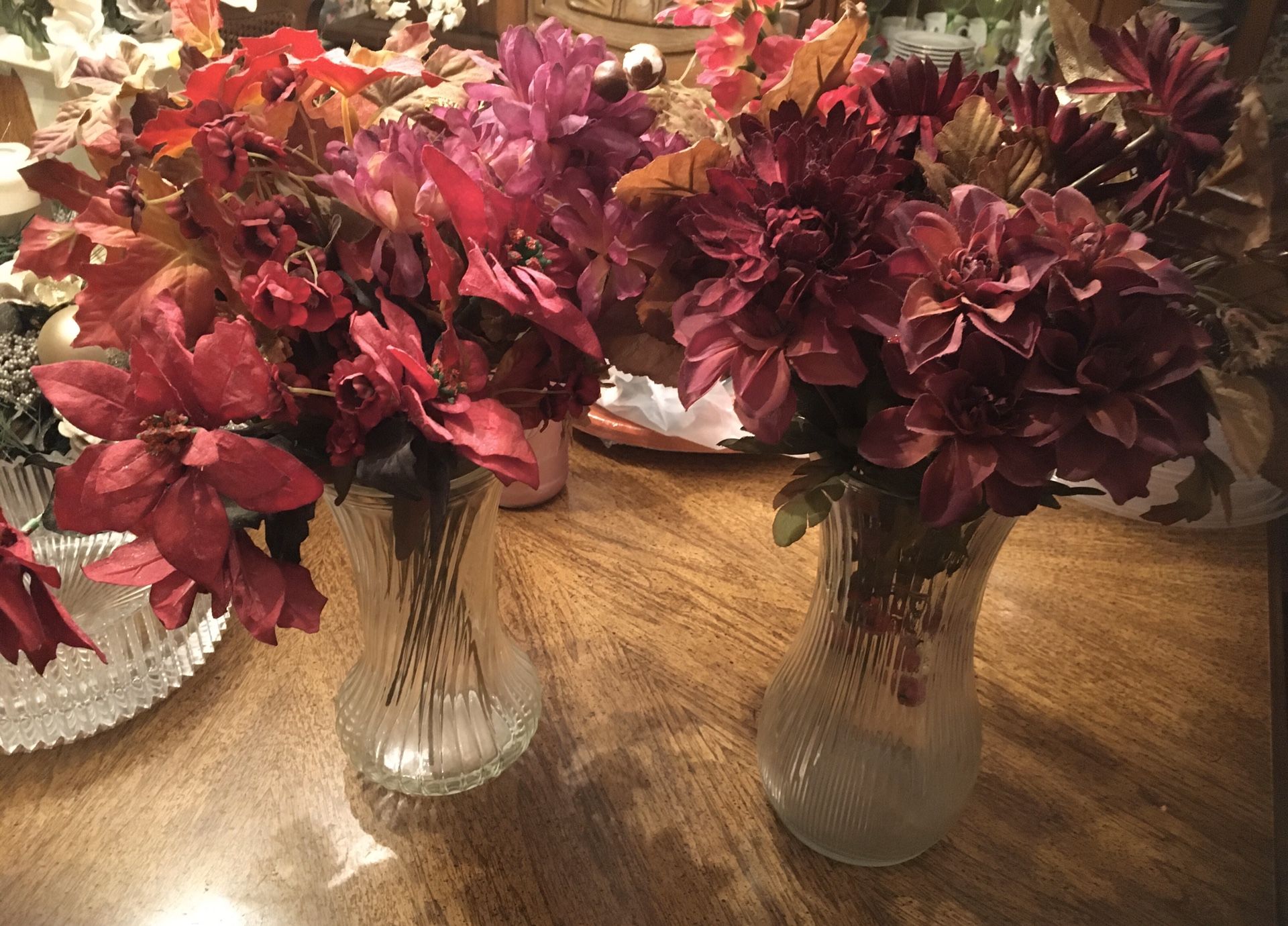 Matching Crystal Vases with Cranberry Fall Flowers