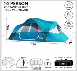10-Person-Family Tents, Parties, Music Festival Tent, Big, Easy Up, 5 Large Mesh Windows, Double Layer, 2 Room, Waterproof, Weather Resistant, 18ft x