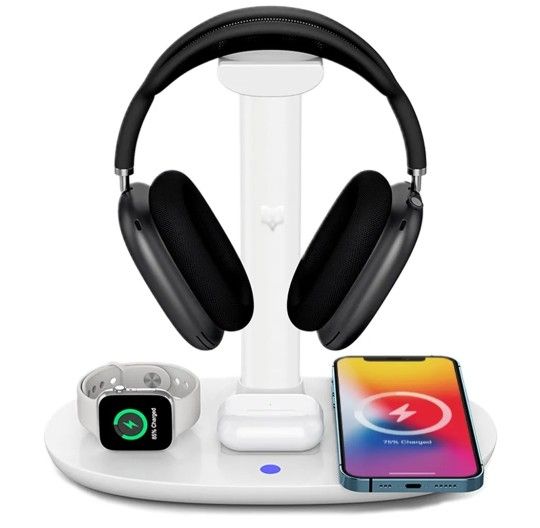 0595: NEW Headphone Stand with 4 in 1 Wireless Charger -Headset Holder & Station Dock for Apple Watch, AirPods Max/Pro/2/ iPhone 13/12/11, LG, Samsung