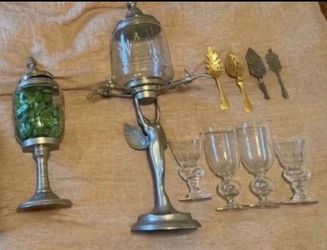 Absinthe Collection - Fountain, Sugar Holder, Absinthe Fountain, Vintage Plates, Hand Blown glasses, absinthe spoons Collection!
