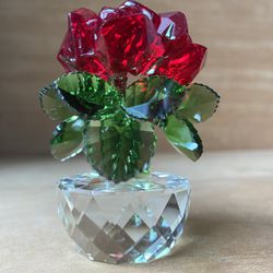 Crystal Glass Potted Red Roses Figurine, Unfading Bouquet Flower Sculpture