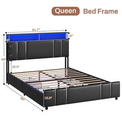 VIAGDO Bed Frame Queen Size with Bookcase Headboard and 4 Storage Drawers, Leather Upholstered Queen Bed Frame with Charging Station and LED Lights, S