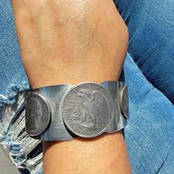 Silver America Eagle Walking Liberty Half Dollar. Silver-Smith Hand Made Bracelet