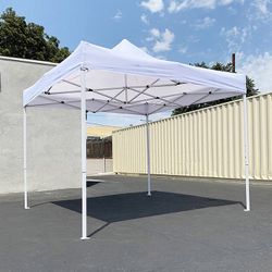 (Brand New) $100 Heavy-Duty 10x10 ft Popup Canopy Tent Instant Shade w/ Carry Bag Rope Stake, White/Blue 
