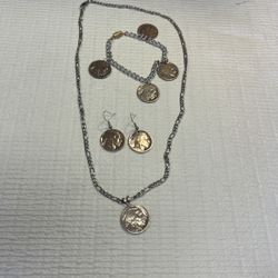 Buffalo nickels, necklace, bracelet, and earrings set $20