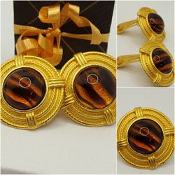 Genuine 14k Gold Plated Tiger's eye  ANTIQUE Clip Earrings,  1.1/2 "INCHES LONG, NWOT #754
