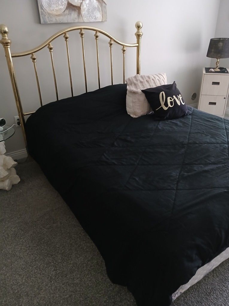 Queen Size Bed And Boxspring W/ Gold Headboard And Frame
