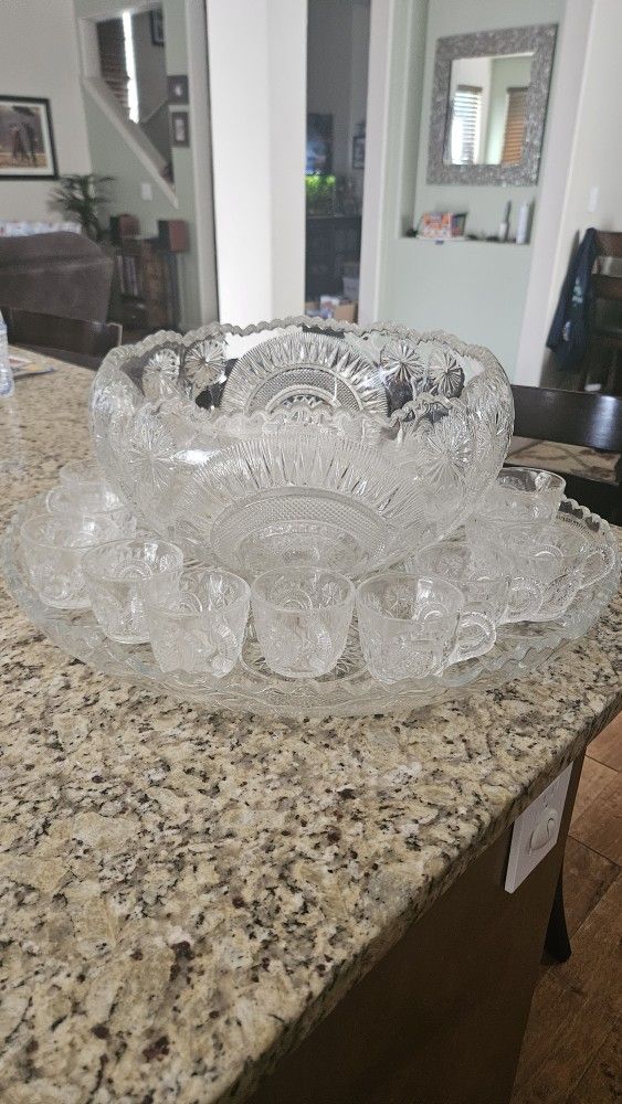 Antique Vintage Punchbowl W/ Tray & 18 Cups