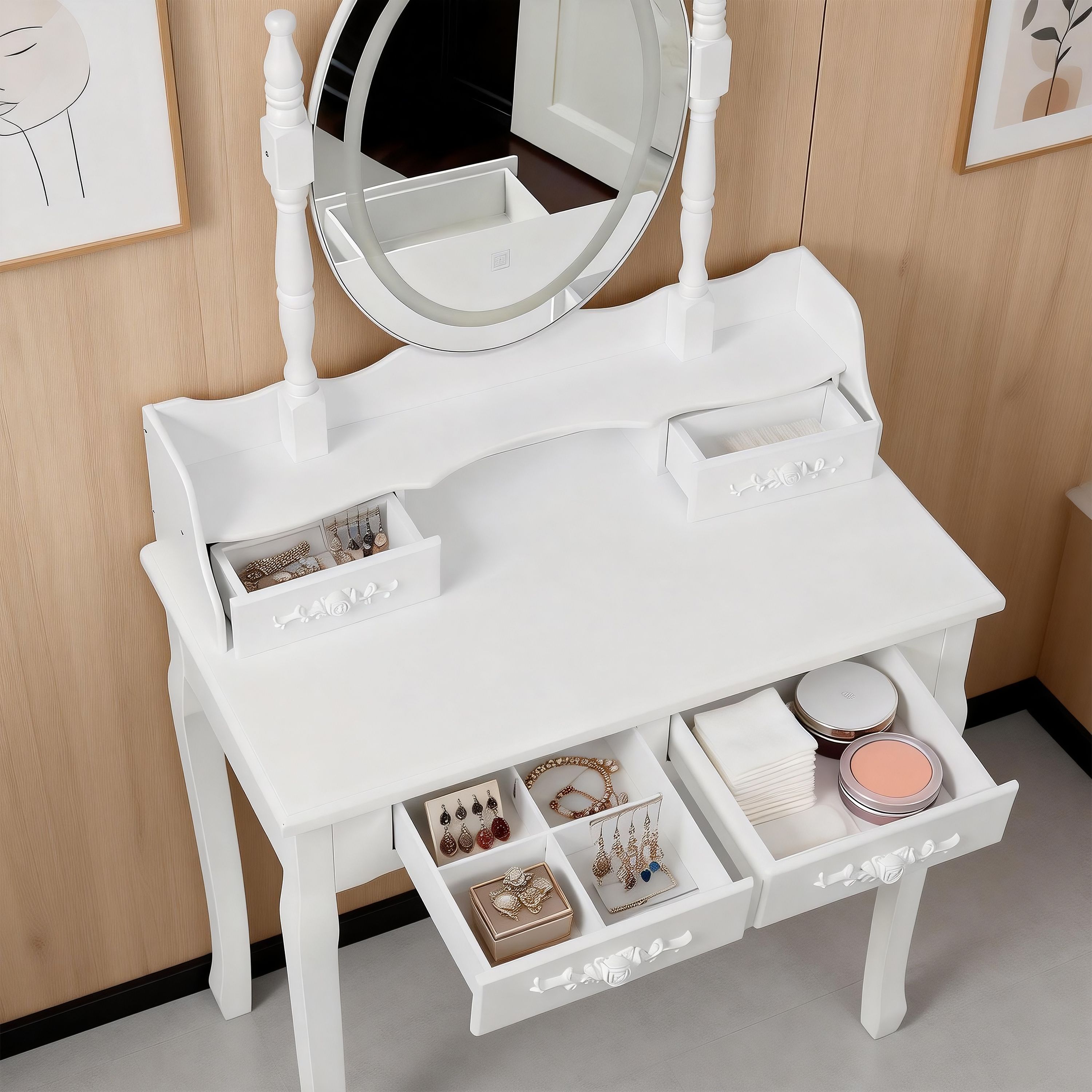 White Princess Vanity Desk Set with Mirror & Cushioned Stool,Light Modes,4-Drawer Wooden Makeup Vanity Table for Girls' Bedroom, Dressing Table with A