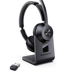 Bluetooth Headset V5.1, Wireless Headset with Noise Canceling Microphone, 40 Hrs Work Time Office Headset with Bluetooth Dongle & Charging Base, AptX 