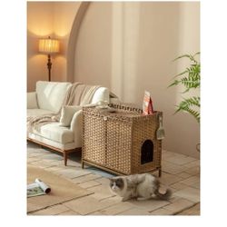 Cat Litter Box Enclosure; Cat Litter Box Enclosure Furniture with Cat Litter Mat;Handwoven Rattan Cat House with Metal Heightened Feet;30.3×18.3×28 In